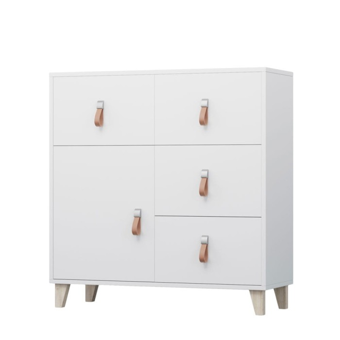 Weiße Kommode mit dekorativen Ledergriffen und Holzfüßen in minimalistischem Design.