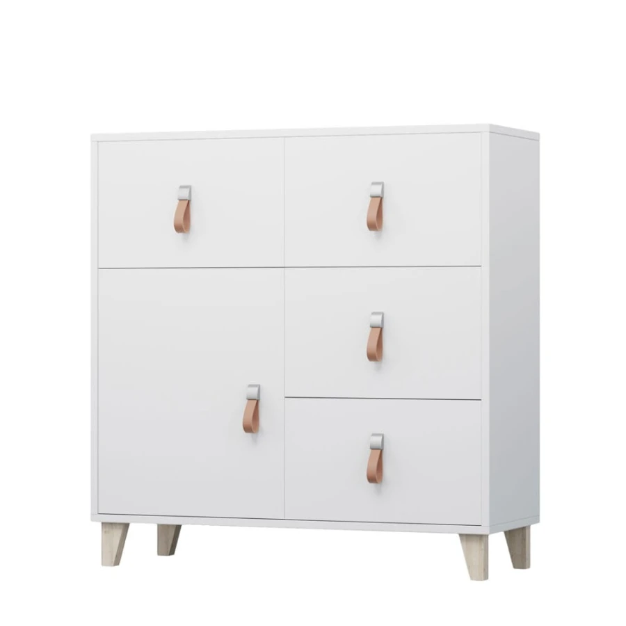 Weiße Kommode mit dekorativen Ledergriffen und Holzfüßen in minimalistischem Design.
