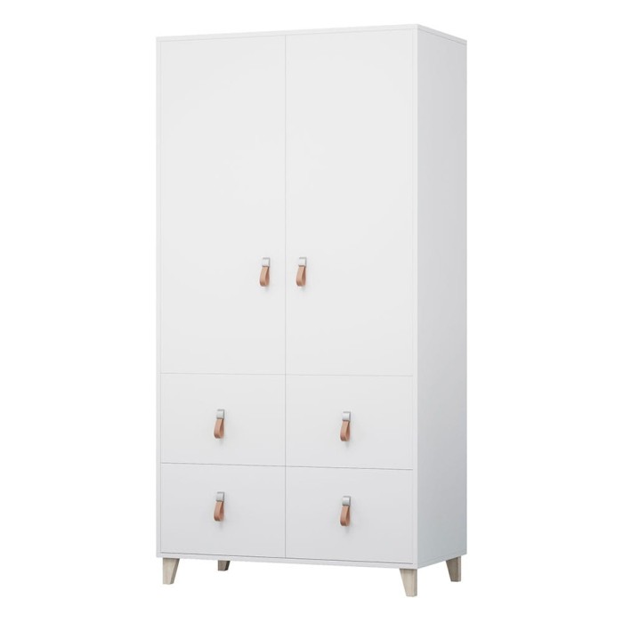 Moderner weißer Kleiderschrank mit Ledergriffen und 4 Schubladen für das Kinderzimmer.