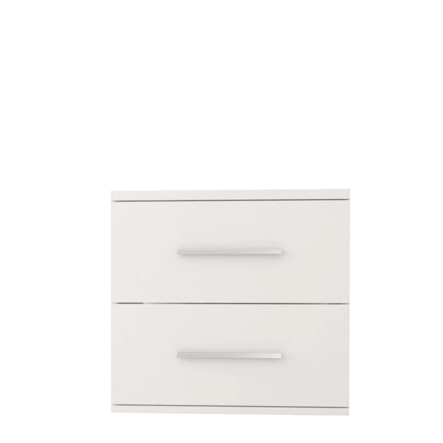 Compact wit nachtkastje met 2 laden en moderne handgrepen voor de slaapkamer.
