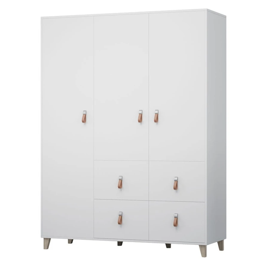 Moderner weißer Kleiderschrank mit braunen Ledergriffen