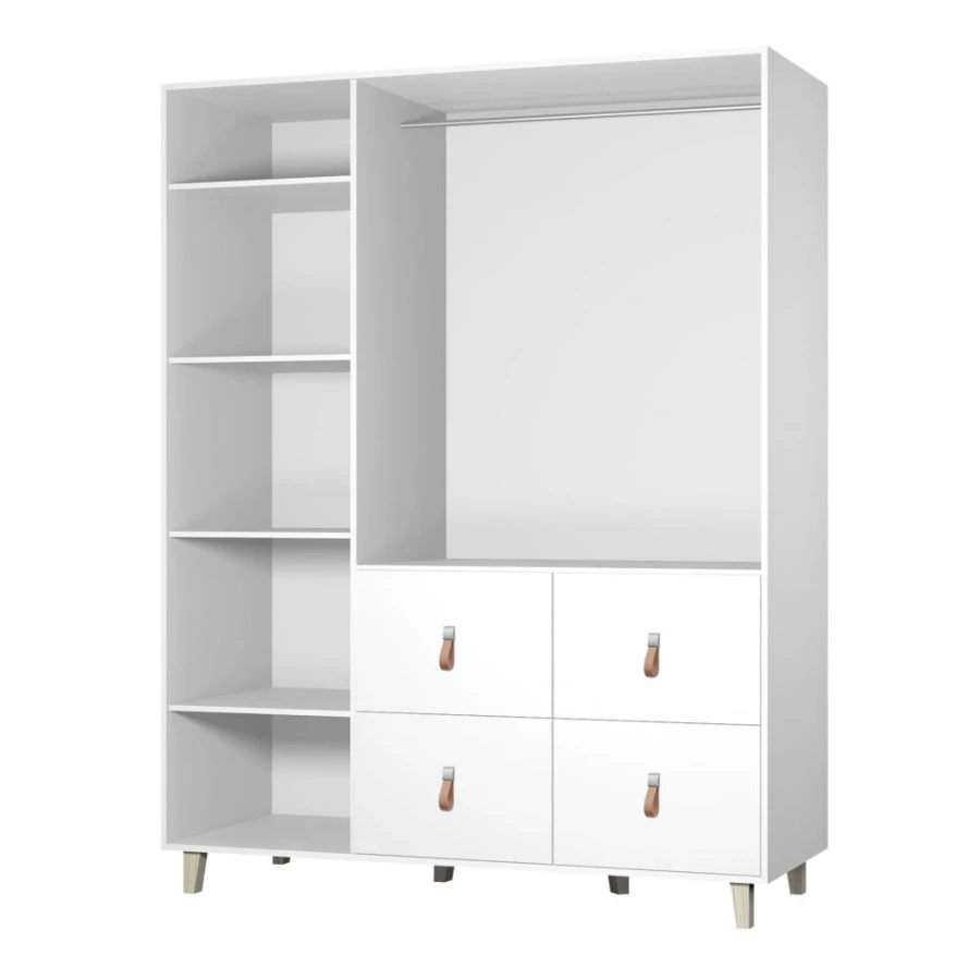 Innenausstattung weißer Kleiderschrank mit Regalen und Kleiderstange