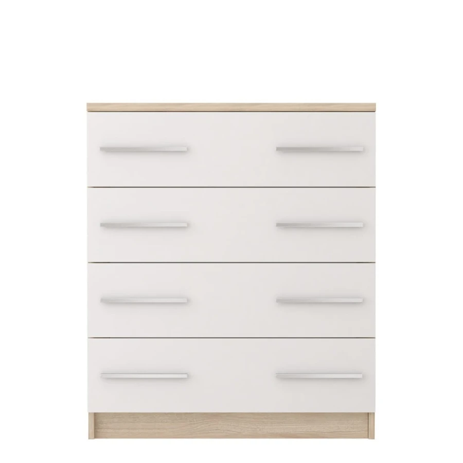 Stijlvolle commode in wit en eikenlook met 4 laden voor de slaapkamer.