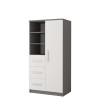 Multi-purpose cupboard in anthracite and white with drawers and shelf compartments, side view.