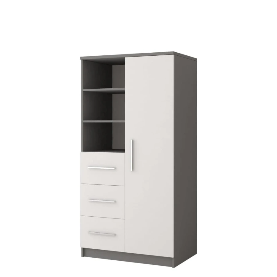 Multi-purpose cupboard in anthracite and white with drawers and shelf compartments, side view.
