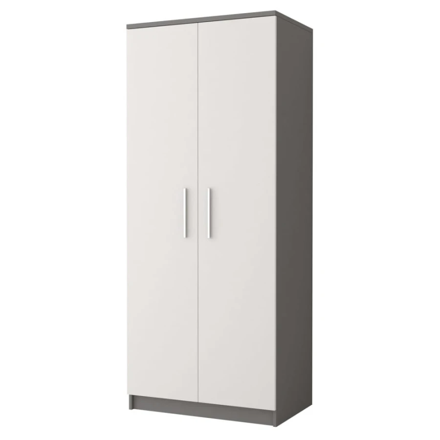 Moderner Kleiderschrank in Grau und Weiß mit zwei Türen und silbernen Griffen.
