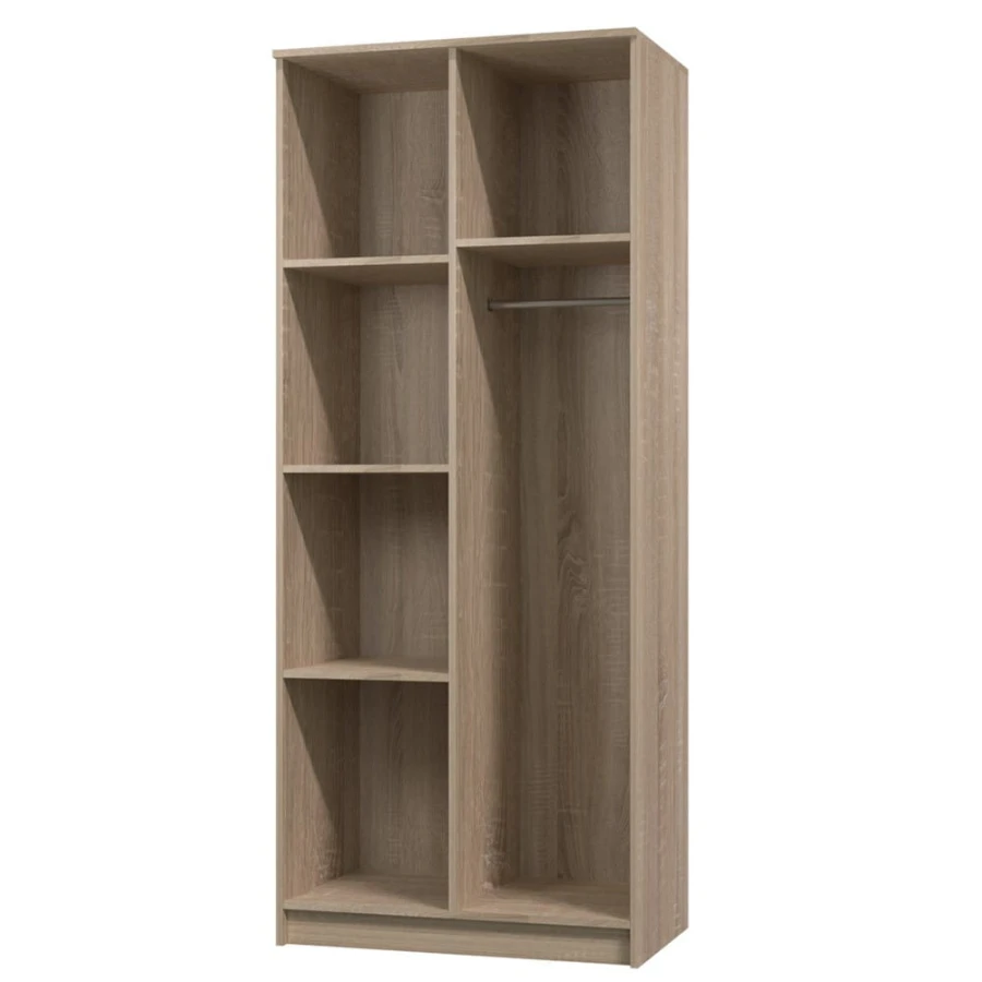 Offener Kleiderschrank in Holzoptik mit Regalfächern und Kleiderstange.