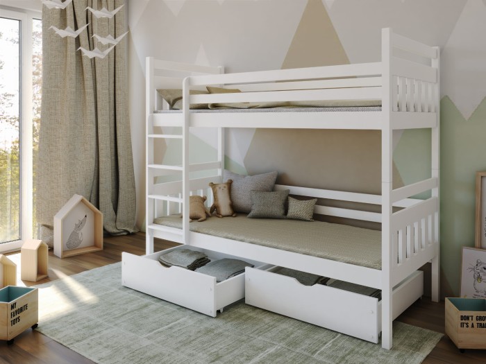Weißes Etagenbett aus Holz für das Kinderzimmer mit praktischen Schubladen.