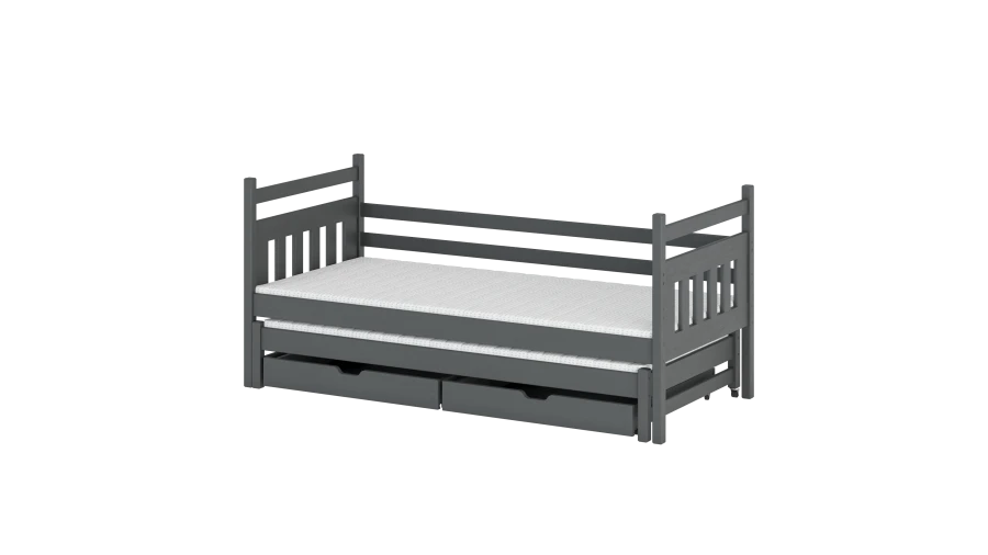 Graues Kinderbett mit Ausziehbett und zwei Schubladen aus Massivholz.