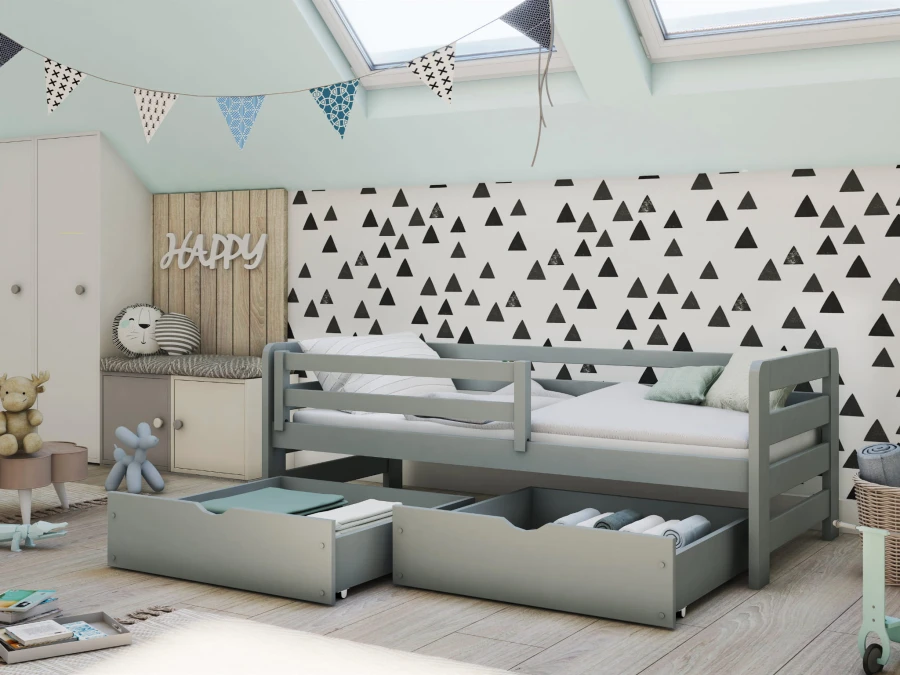 Hellgraues Kinderbett mit Stauraum-Schubladen im modernen skandinavischen Design.