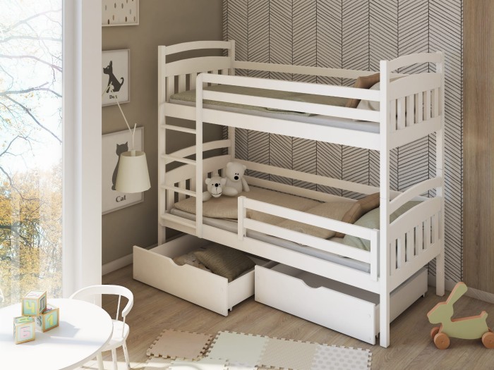 Weißes Etagenbett für Kinder mit Leiter und Schubladen aus Holz.