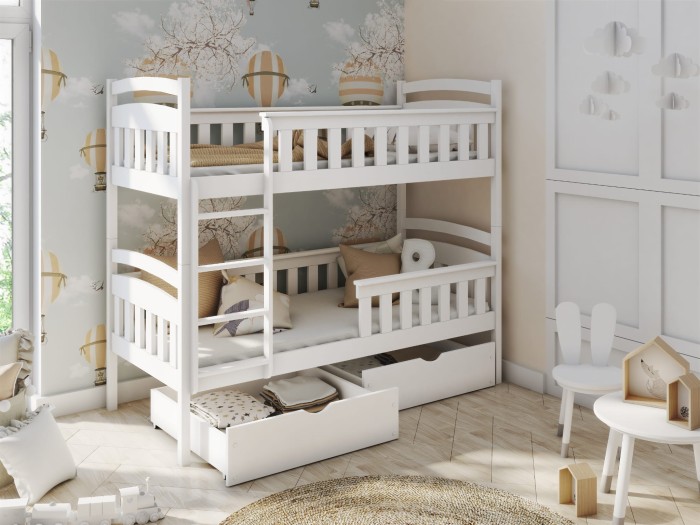 Stabiles weißes Stockbett für Kinder mit Unterbettkommode und Leiter.