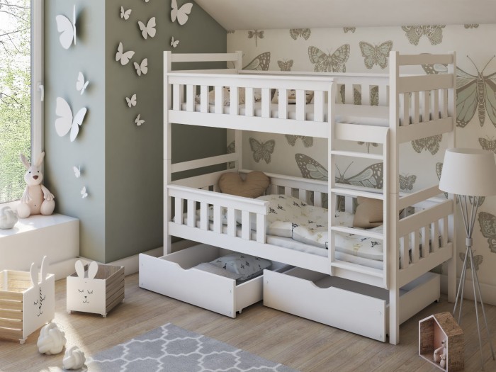 Weißes Etagenbett aus Holz mit zwei Schubladen im Schmetterlings-Kinderzimmer