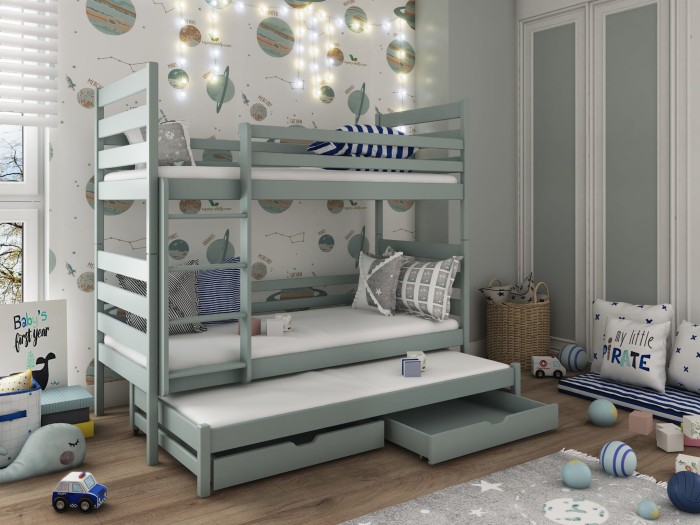 Graublaues Etagenbett mit Ausziehbett und Schubladen im Weltraum-Design-Kinderzimmer