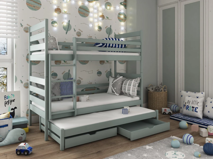 Grijsblauw stapelbed met uitschuifbed en laden in een kinderkamer met ruimtevaart-thema