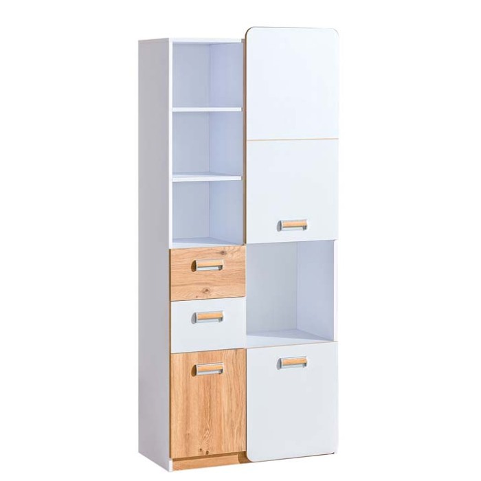Hoher Mehrzweckschrank in Weiß und Eiche mit Regalen und Schubladen.