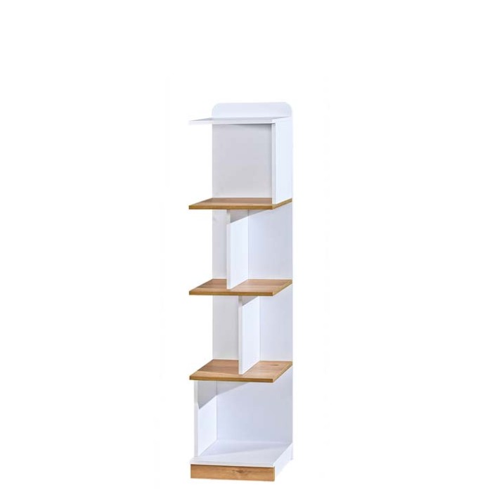 Modernes Standregal in Weiß und Eiche-Optik mit versetzten Fächern für Wohnzimmer oder Büro.