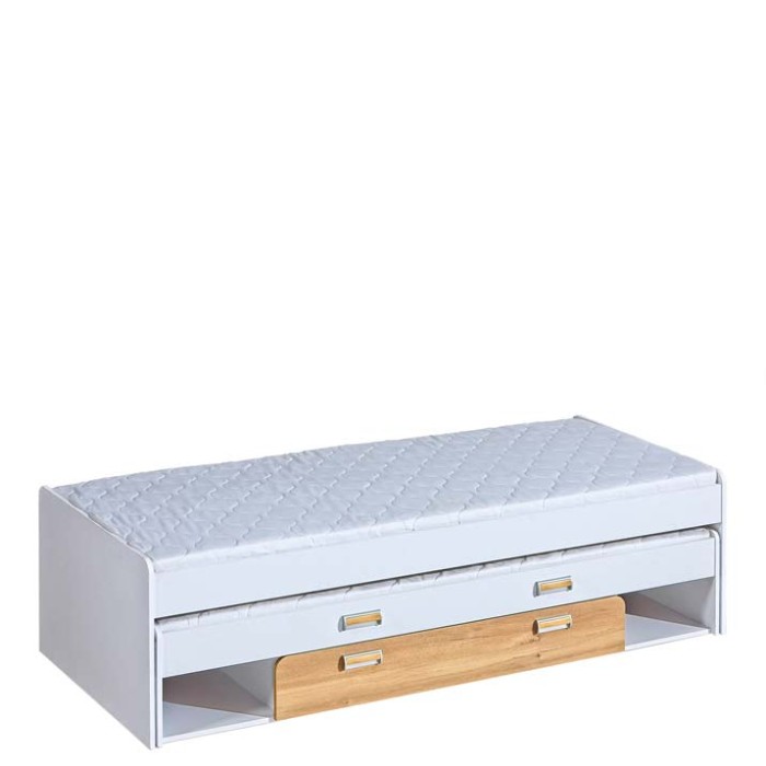Weißes Funktionsbett mit zweiter Liegefläche und praktischer Schublade in Holzoptik.