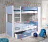Bunk bed in blue-white with dimensions, shelves and bed base for the children's room.
