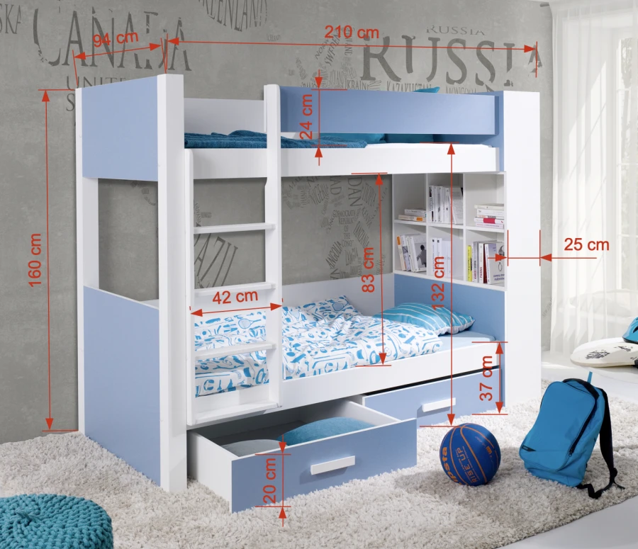 Bunk bed in blue-white with dimensions, shelves and bed base for the children's room.