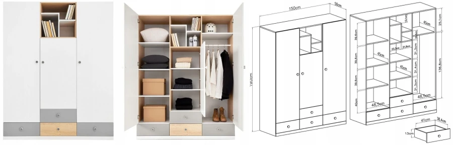 Kombinierter Kleiderschrank in Weiß, Grau und Eiche mit Maßangaben und Innenansicht.