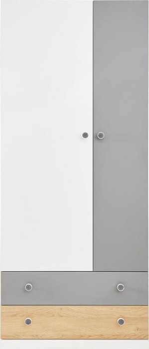 Moderner 2-türiger Kleiderschrank in Weiß und Grau mit zwei praktischen Schubladen.