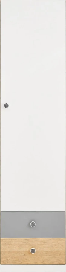 Schmaler 1-türiger Hochschrank in Weiß mit Schubladen in Grau und Eiche-Optik.
