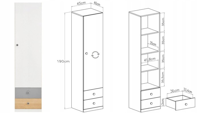 Schmaler Kleiderschrank in Weiß, Grau und Eiche mit Maßangaben 190x45x40 cm für das Kinderzimmer.