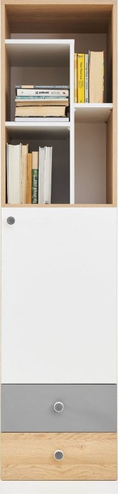 Kombiregal mit offenen Bücherfächern, weißer Schranktür und zwei Schubladen im modernen Design.