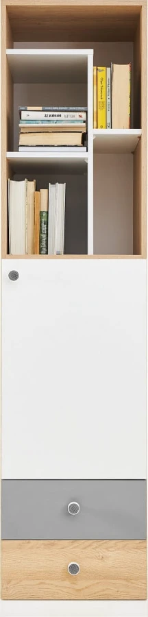 Kombiregal mit offenen Bücherfächern, weißer Schranktür und zwei Schubladen im modernen Design.