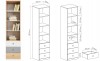 Schmales Bücherregal mit 3 Schubladen und Maßen 190x45x40 cm in Weiß, Grau und Eiche.