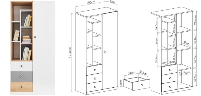 Maßskizze für einen weißen Mehrzweckschrank mit detaillierten Zentimeterangaben.