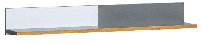 Schlichtes Wandregal in Eiche-Optik mit einer zweifarbigen Rückwand in Weiß und Grau.
