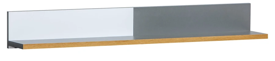 Schlichtes Wandregal in Eiche-Optik mit einer zweifarbigen Rückwand in Weiß und Grau.