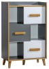 Asymmetrisches Sideboard in Grau und Weiß mit Holzfüßen und versetzten Schubladenfronten.