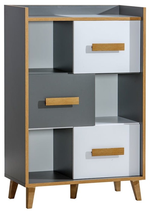 Asymmetrisches Sideboard in Grau und Weiß mit Holzfüßen und versetzten Schubladenfronten.