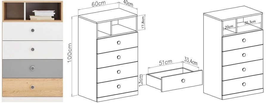 Technische maattekening van een 100 cm hoge ladekast met gedetailleerde informatie over de afmetingen van de laden.