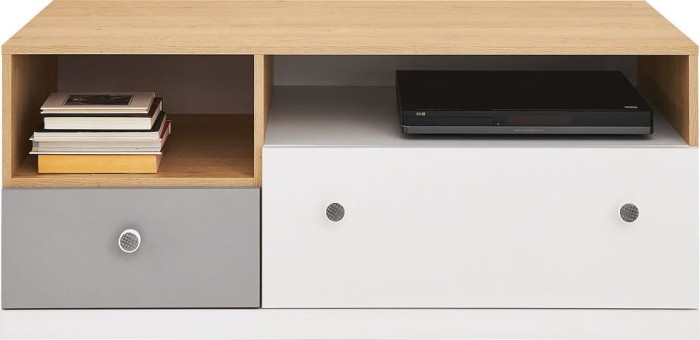 TV-Lowboard in Eiche-Optik mit Stauraum und farbigen Schubladen