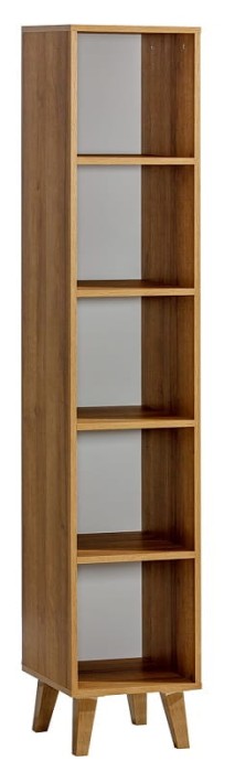Schmales, hohes Bücherregal in dunkler Holzoptik mit fünf offenen Fächern und schrägen Beinen.