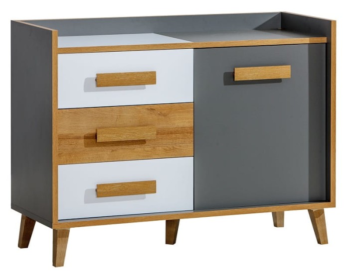 Modernes Sideboard in Grau und Eiche mit drei Schubladen, einer Schranktür und Holzgriffen.