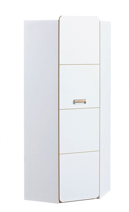 Platzsparender weißer Eckschrank für das Schlafzimmer oder den Flur in modernem Design.