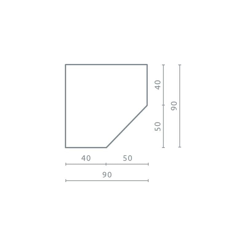 Maßskizze des Eckkleiderschranks mit den Abmessungen 90x90 cm für die Raumplanung.