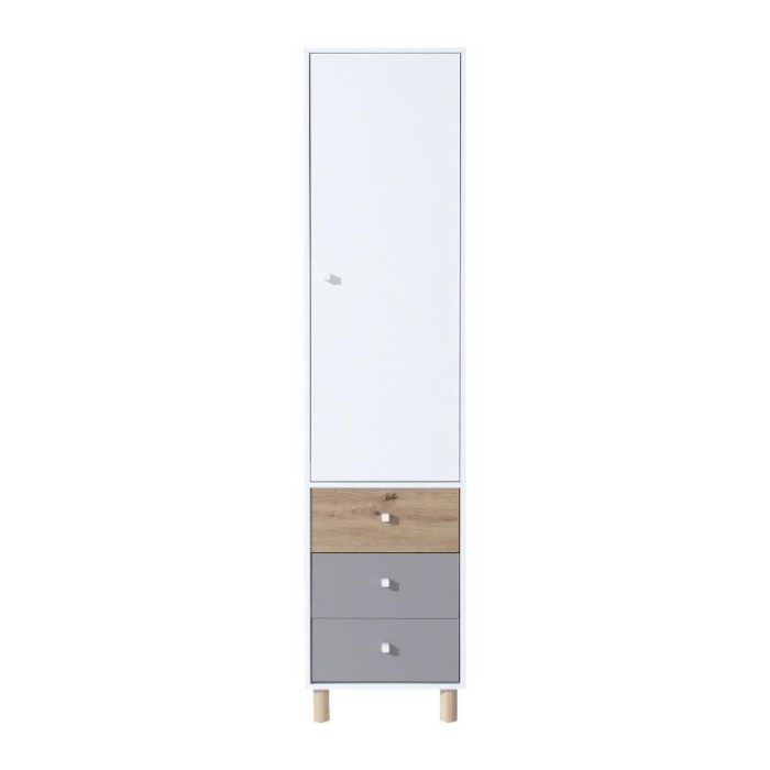 Schmaler Hochschrank mit weißer Tür und drei Schubladen in Eiche und Grau, ideal für das Kinderzimmer.