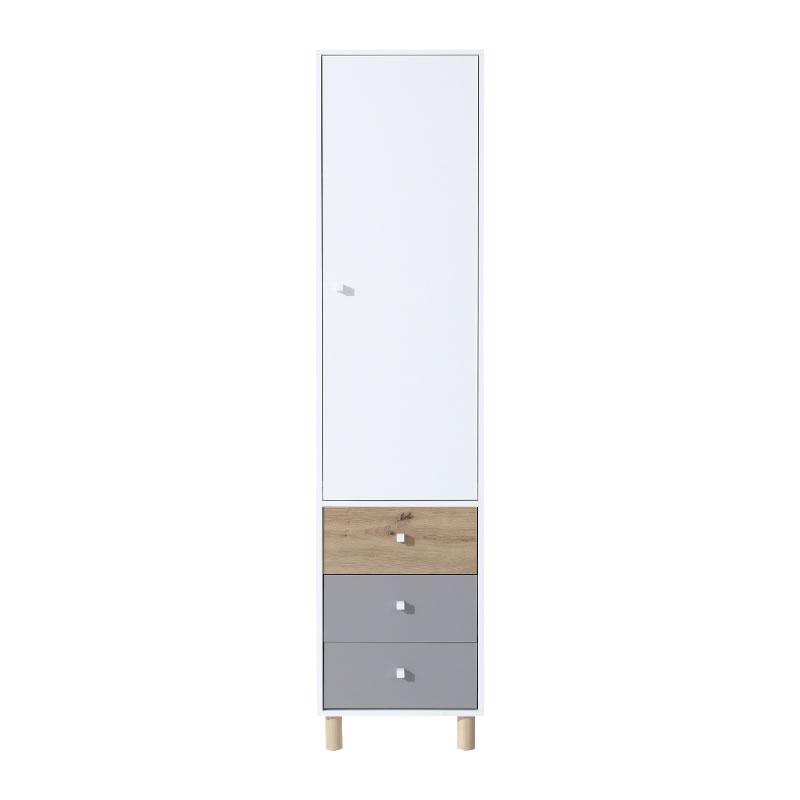 Schmaler Hochschrank mit weißer Tür und drei Schubladen in Eiche und Grau, ideal für das Kinderzimmer.