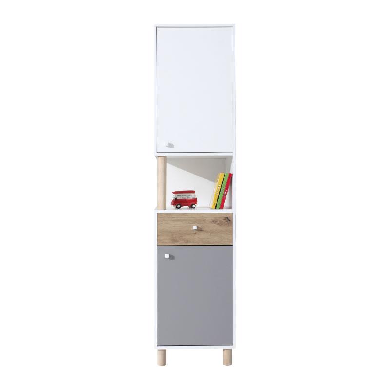 Schmaler Hochschrank in Weiß, Grau und Eichenoptik, ideal für Stauraum im Kinderzimmer.