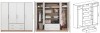 White wardrobe with wood details, interior view and dimensions.