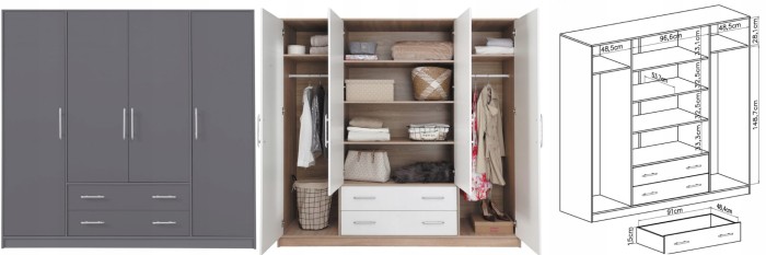 Grauer Kleiderschrank mit Regalsystem und technischer Zeichnung.