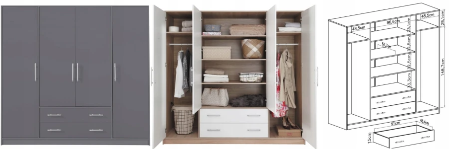 Grauer Kleiderschrank mit Regalsystem und technischer Zeichnung.