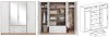 Kleiderschrank in Weiß und Eiche mit Spiegeln, Innenausstattung und Maßzeichnung.