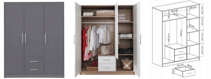 Grauer Dreitürer Kleiderschrank mit Innenleben und Maßskizze.